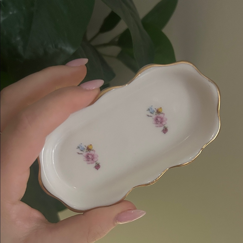 Porcelain Trinket Dish with Pink Rose Motif and Gold Trim